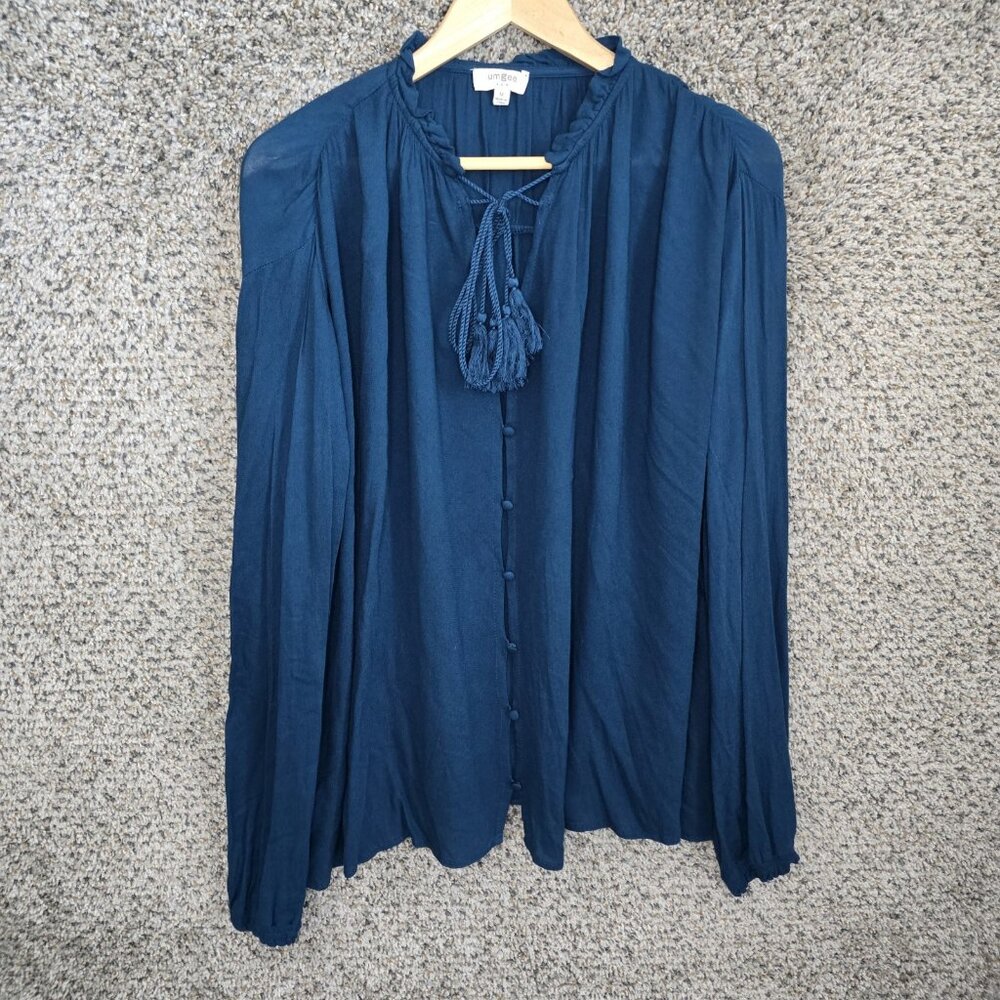 UMGEE Top Womens Medium Blue Peasant Blouse Button Neck Tie‎ Casual Ladies